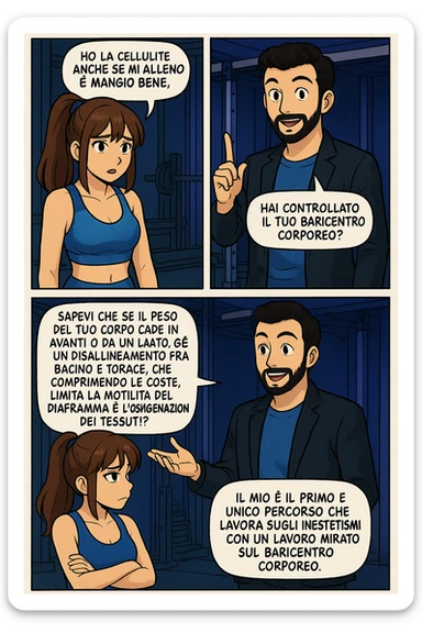 PRENDI SPUNTO DA QUESTO STILE FACENDO UN WEBTOON/MANGA:

LEI (DONNA): Ho la cellulite anche se mi alleno e mangio bene, cosa posso fare?

LUI (UOMO): Hai controllato il tuo baricentro corporeo?
LUI (UOMO): Sapevi che se il peso del tuo corpo cade in avanti o da un lato, c’è un disallineamento fra bacino e torace, che comprimendo le coste, limita la motilità del diaframma e l’ossigenazione dei tessuti?
LUI (UOMO): Il mio è il primo e unico percorso che lavora sugli inestetismi con un lavoro mirato sul baricentro corporeo. sticker