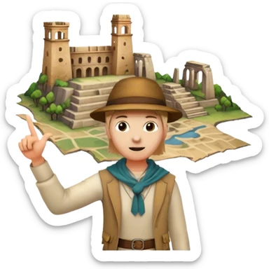 Icon for Documentary Film (TV style): A traveler pointing backward and narrating in front of ancient ruins. Include elements like historical landmarks, maps, and exploration tools to evoke a sense of adventure. Transparent background. sticker