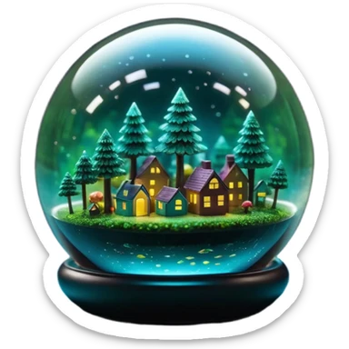 Tiny emoji worlds inside floating glass spheres, each containing miniature forests, oceans, and cities, glowing softly in dark void, cinematic macro lens perspective, high-detail reflections, iridescent color palette, surreal fantasy vibe sticker