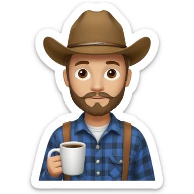 generate an ios genmoji of a 20 year old tan boy with a cowboy hat and mutton chop beard. Wearing a flannel and carrying a coffee mug sticker