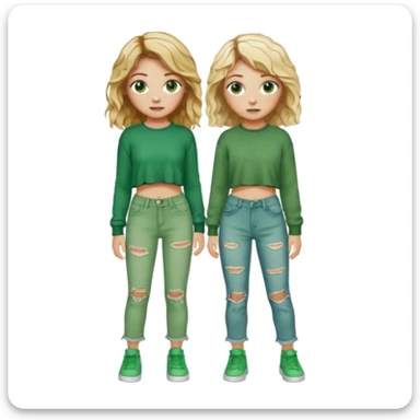 Two girls, both white, one with short wavy blonde hair and green eyes, dressed in punk Y2K fashion and the other with long wavy brown hair, brown eyes, freckles; and cozy green clothes  sticker