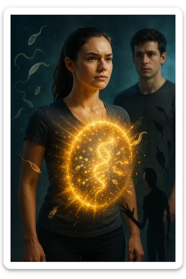 A hyper-realistic, cinematic image showing a young woman with a glowing, radiant aura symbolizing a very strong immune system. She stands confidently, surrounded by a dynamic shield of light particles and molecular energy swirling around her body, especially focused around her abdomen and chest. Against this luminous barrier, faint translucent representations of parasites—small worm-like and protozoan shapes—attempt to approach her but are visibly repelled or disintegrating upon contact with the shield. Nearby, a young man representing her boyfriend is shown with subtle, shadowy parasite silhouettes near him, some reaching toward her but unable to penetrate her immune defenses. The background is softly blurred to keep the focus on the energetic battle at the forefront, with cool blues and warm golds contrasting to symbolize health, vitality, and defense. The lighting is dramatic yet hopeful, with a cinematic 35mm film style emphasizing sharp detail on her determined face and the swirling protective energy. The overall tone conveys resilience, protection, and the unseen battle inside the body. sticker