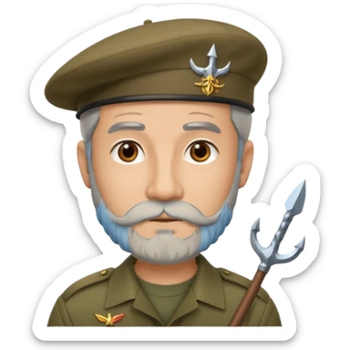 A man in military khaki beret with trident on cockarde with grey beard and brown eyes. sticker