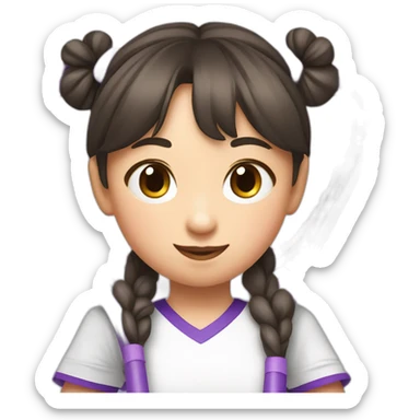 a little chinese girl wearing a white nike shirt with two pig tails hair style hugging a purple tennis racket to her chest in paper art style sticker