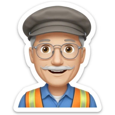 Older cute white male, grey goatee, grey Irish flat cap, smiling,handyman, blue eyes wire rim glasses, goatee sticker