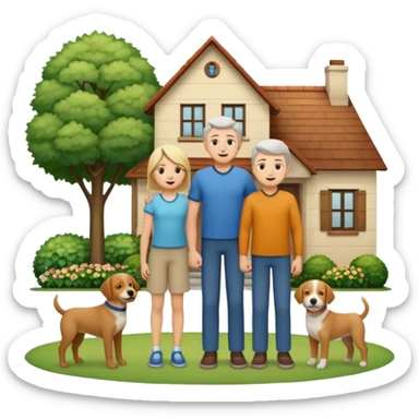 1 Father 1 Mother and 1 young boy who is half as tall as the parents, standing in front of their house with a dog next to them. Everyone should look VERY happy. There MUST be a house behind them with trees and plants sticker