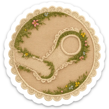 Cottagecore Steam logo: iconic circle and arm design crafted from embroidered fabric with lace trim, moss, and small flowers, gentle pastel palette, rustic and homey, no text sticker