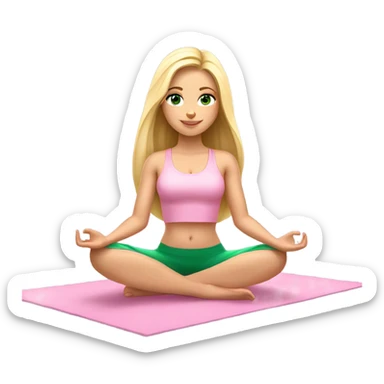 blonde long hair and green eyes yoga beautiful girl in light pink pink pink clothes sitting on a yoga mat sticker