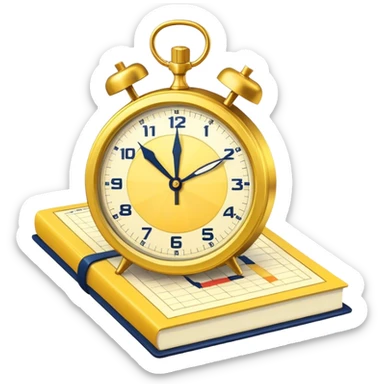 A yellow productivity book with navy blue and gold details, running clock and chart with upward trend aura, radiating productivity, strategy, and success in motion with time and happiness yellow... power in time sticker