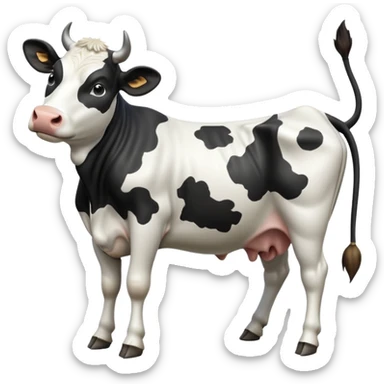 cinematic-[black and white cow]-realistic-full-body-standing-emoji,-tail-flicking-lazily,-head-tilted-dramatically,-sleek-[black and white]-coat,-simplified-yet-realistic-focused-features,-highly-detailed,-glowing-with-an-almost-sarcastic-glow sticker