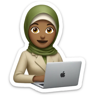 memoji of a woman with a laptop in front, apple-style,modern with olive green hijab on head,beige color coat, indian, fair, working on laptop with smile on face sticker