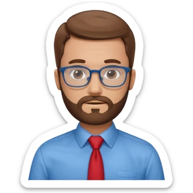 white-man-businessman-with-beard, brown hair, glasses, blue shirt, red tie sticker