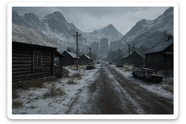 a view of the city street in a videogame: DayZ - in  Sakhal - snowy steppe tundra, rustic cabin houses, tall apartment blocks in the distance, mountainous and rocky terrain sticker