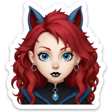  long curly red hair (darker), red pointed ears with black trim, black goth outfits, body and face human, blue eyes, more pointy chin, black lipstick, big fluffy red squirrel tail with black tips, like the attached photo with more outfits and poses,  sticker