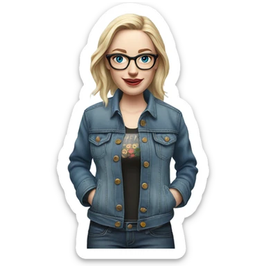 Create a Hyper Realistic pale beautiful tattooed 3D woman with glasses and blue eyes wearing denim jacket sticker