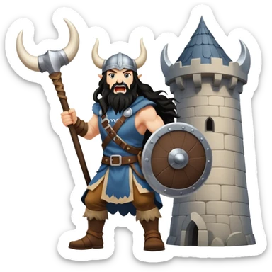 vikingo, con cuerno de vaca, pelo negro ondulado, de pie, grito de guerra en torre de Asgard. sticker