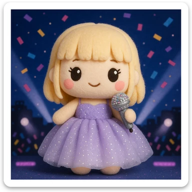 Pretty and girly Blonde pop star with bangs wearing a sparkly tulle light purple ballgown, holding a bedazzled microphone, reimagined as a soft kawaii plushie doll, with a nighttime concert backdrop with colorful confetti sticker
