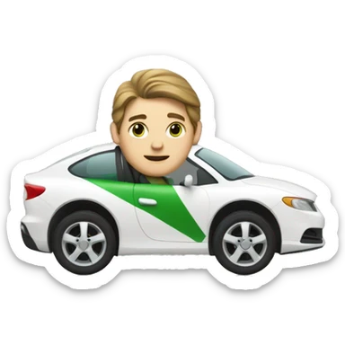 a white man with brown medium length hair and green eyes driving a white car sticker
