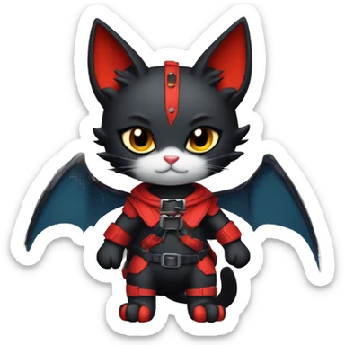 Cool Edgy Ethereal Fantasy Litten-Nargacuga-Cat with black bat-wing-ears with a red harness full body sticker