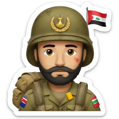 A very tired and sad, swarthy Iraqi soldier with a beard, an Iraqi flag on his helmet, a sad expression and bags under his eyes sticker