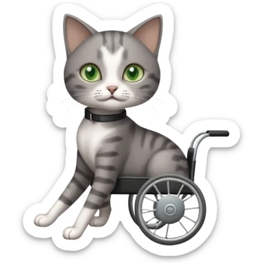 full body small short hair dark grey and white cat with green eyes walking in a wheelchair for cats sticker