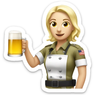 Blonde paratrooper saving a blonde female chef holding a beer sticker