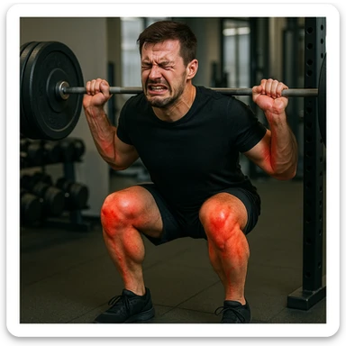 uomo che fa squat pieno di dolori e rossori articolari, per tecnica errata sticker