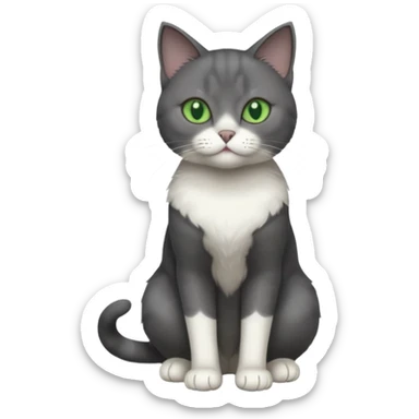 full body view of beautiful female solid dark grey cat with green eyes, white toes/paws and white patch on her chest sticker