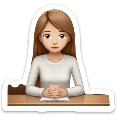 Cartoon emoji of a girl with long, straight light brown hair, fair skin, brown eyes. Wearing a white top and simple pants. Sitting alone at a café table, shoulders slightly hunched, head slightly down, looking unsure and thoughtful sticker