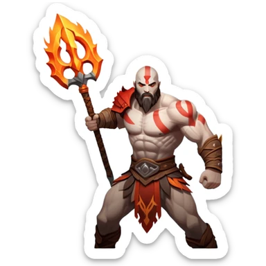 An icon showing a powerful warrior wielding a weapon, inspired by God of War: Ragnarok. The design captures the character’s strength, with dynamic motion lines. A fiery, mythological background with mountains and ruins enhances the epic atmosphere. Transparent background. sticker