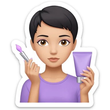 tan girl with pastel purple shirt with black hair & a pixie, doing her skin care sticker