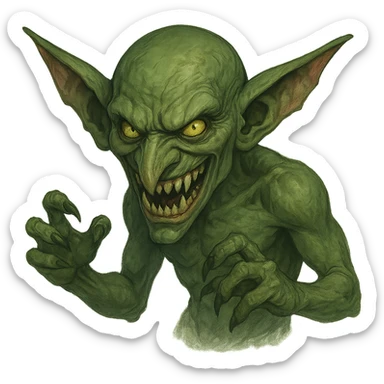 evil goblin, menacing expression, sharp teeth, fantasy creature sticker