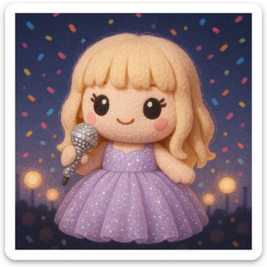 Pretty and girly Blonde pop star with bangs wearing a sparkly tulle light purple ballgown, holding a bedazzled microphone, reimagined as a soft kawaii plushie doll, with a nighttime concert backdrop with colorful confetti sticker