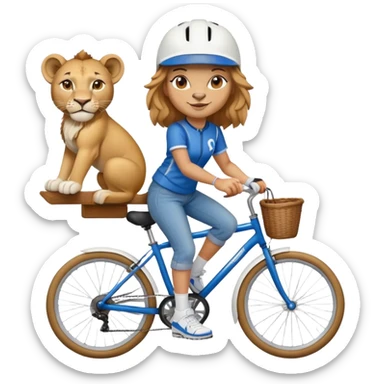 friendly anthropomorphised female lion wearing a baseball shirt, jeans, trainers, and a cycling helmet, cycling a bike sticker