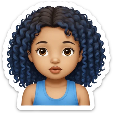 light brown skin tone, very adorable toddler, with big plump lips, long long lashes, black curly hair, middle hair parting, brown eyes, blue tank top sticker