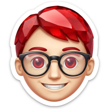 A single red crystal gemstone character wearing glasses,  irregular with faceted very sharp sides, smile, , high detail, sticker