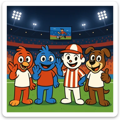 Make the five mascots much more cartoonish and exaggerated, with playful expressions and bold, fun shapes, while keeping the vibrant night soccer stadium, bright lights, green grass, red seats, large screen, and crowd in the background. Preserve the mascot colors and positions. sticker