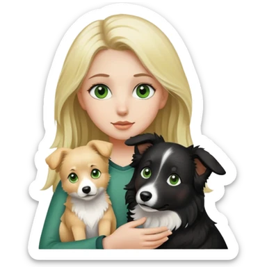 Girl, blonde green eyes holding a black border collie  sticker