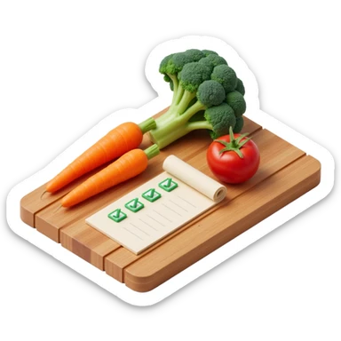 carrot tomato brocoli on the wooden cutting board with floating rolled paper list with green checkboxes sticker
