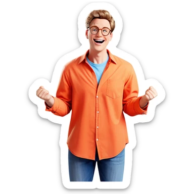 The character is a light-brown-haired young man with a happy expression.  He is wearing glasses, a reddish-orange button-down shirt with a light orange undershirt visible at the collar and cuffs, light-blue jeans, and light gray and white sneakers.  His arms are bent, with hands loosely clenched. He is positioned in a slightly dynamic, energetic pose.  The style is typical of animated series such as Family Guy , known for its exaggerated features and simple line art. The character's facial features are slightly exaggerated. The background is pure white. sticker