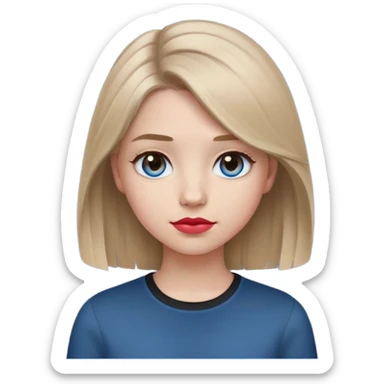 Emoji teenage girl, ash darker almost brown blonde hair, blue eyes, black shirt, hair a little longer than over shoulders, red pinkish lips, blue grey eyes sticker