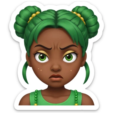 Create a 3D cartoon-style girl character with dark skin, round face, angry expression, big wide eyes, and tightly styled double buns made of green beaded hair. The girl should look irritated, eyebrows sharply angled, and lips pressed in a frown. sticker