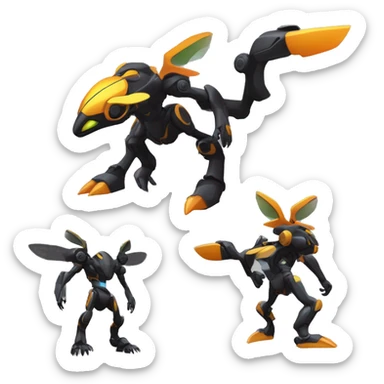 a shiny metallic black-orange-yellow Genesect-Flygon-Raptor-Fakémon-Medabot-hybrid with a futuristic visor-helmet full body sticker