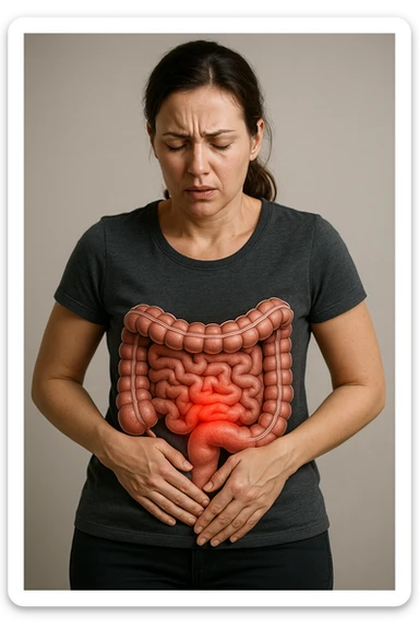 donna in piedi che si tiene la pancia con intestino umano anatomico e mal di pancia, iperrealistica 4k sticker