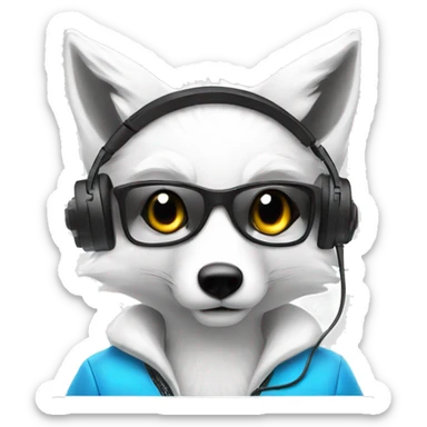white fox with gaming headset typing on laptop sticker