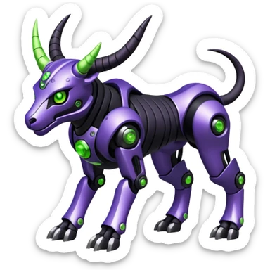 Futuristic mechanical cyborg horned modern badass cool shiny metallic alloy black-obsidian purple neon-green white lime animal hybrid Fakemon full body with intricate patterns sticker