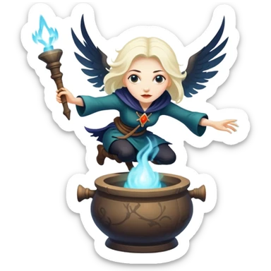 Baba Yaga sorceress woman flying in a mortar, magical aura sticker