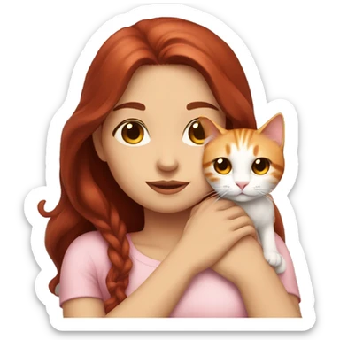 girl with long very dark red hair and dark brown eyes and light pink outfit hugging a white & ginger cat  sticker