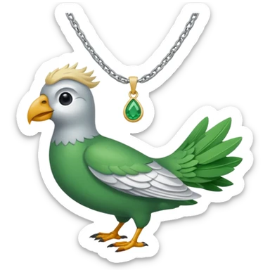 un oiseau classique tout vert avec un collier autour de son cou avec des breloque argentées et un seul poil blond qui fait une petite bouclette sur le front le collier est autour de son cou sticker