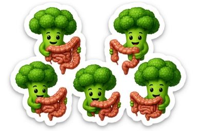 broccoletti stile emoji iphone fluttuano in aria stringendo in mano un pezzo di colon intestinale, iperrealistico 4k sticker